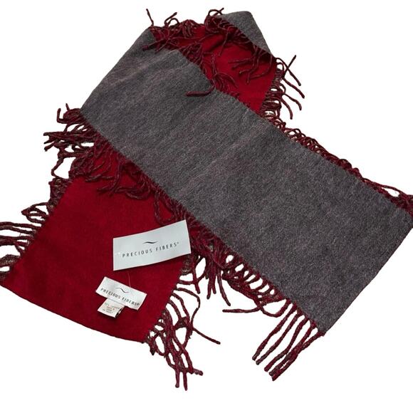 Precious Fibers 100% cashmere fringe scarf charcoal/red NWT - Picture 1 of 5